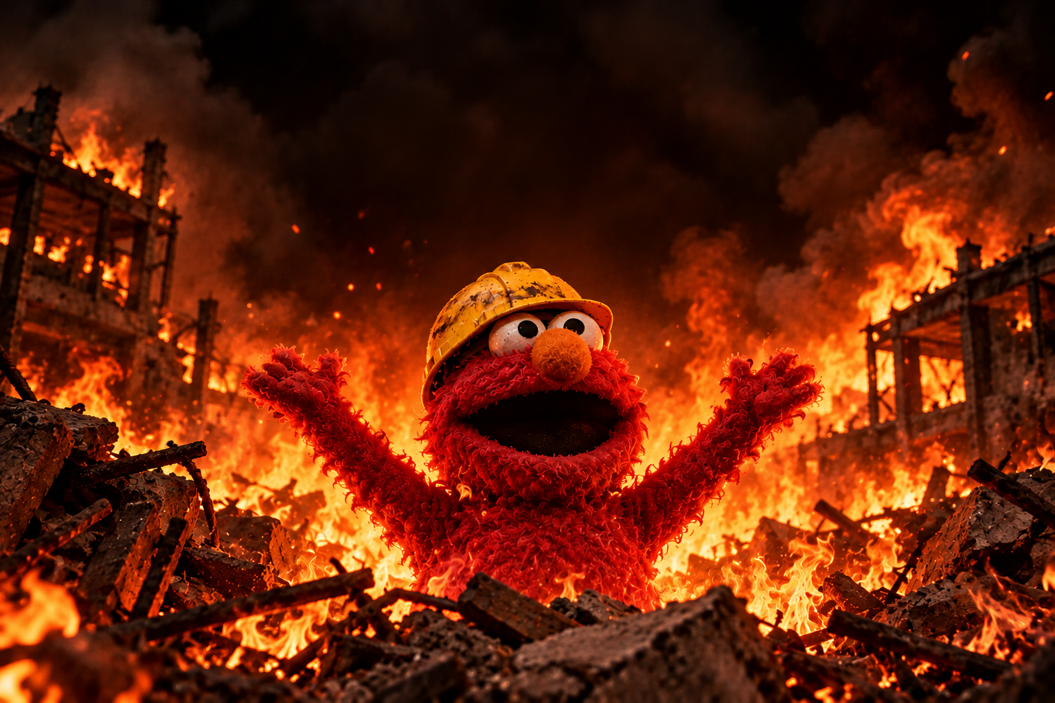 Elmo supervising a construction disaster